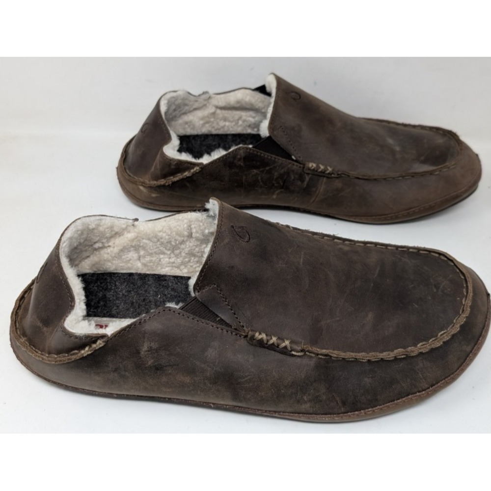Olukai Moloa Men's Size 14 Leather Shearling Slippers Shoes Sheep Fleece Lined